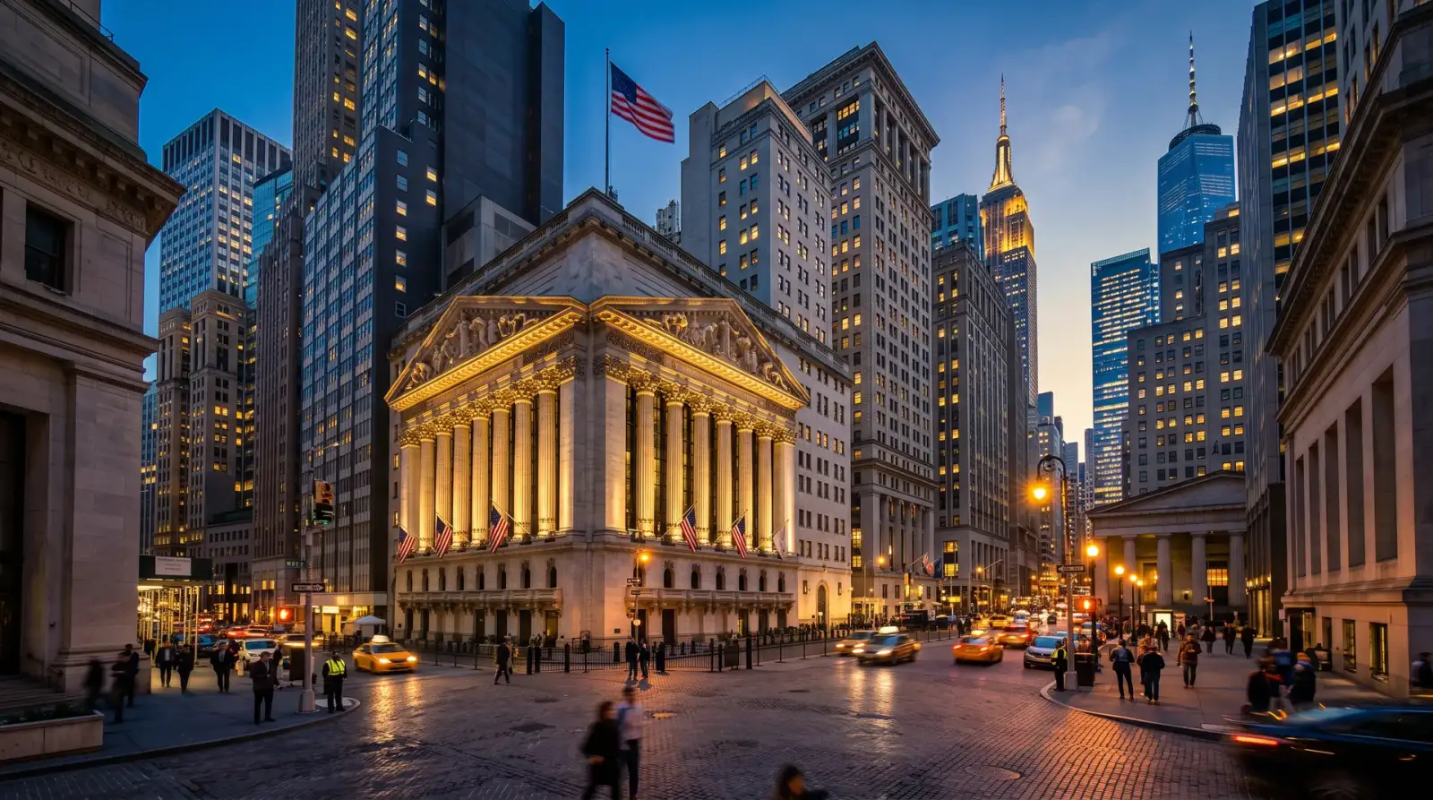 Ilustrasi skyline Wall Street New York, mewakili sesi dagangan saham korporat Amerika Syarikat 19 Ogos 2026