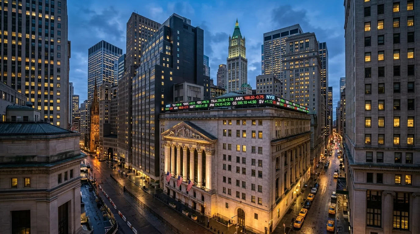 Ilustrasi skyline Wall Street New York, mewakili sesi dagangan saham korporat Amerika Syarikat 20 Ogos 2026
