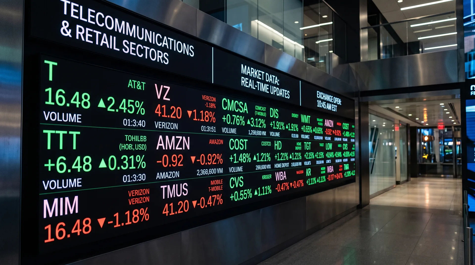 Ilustrasi papan ticker saham dan carta pasaran mewakili sesi dagangan korporat Amerika Syarikat 20 Ogos 2026 - Walmart, Deere, Ross Stores, Charter Communications