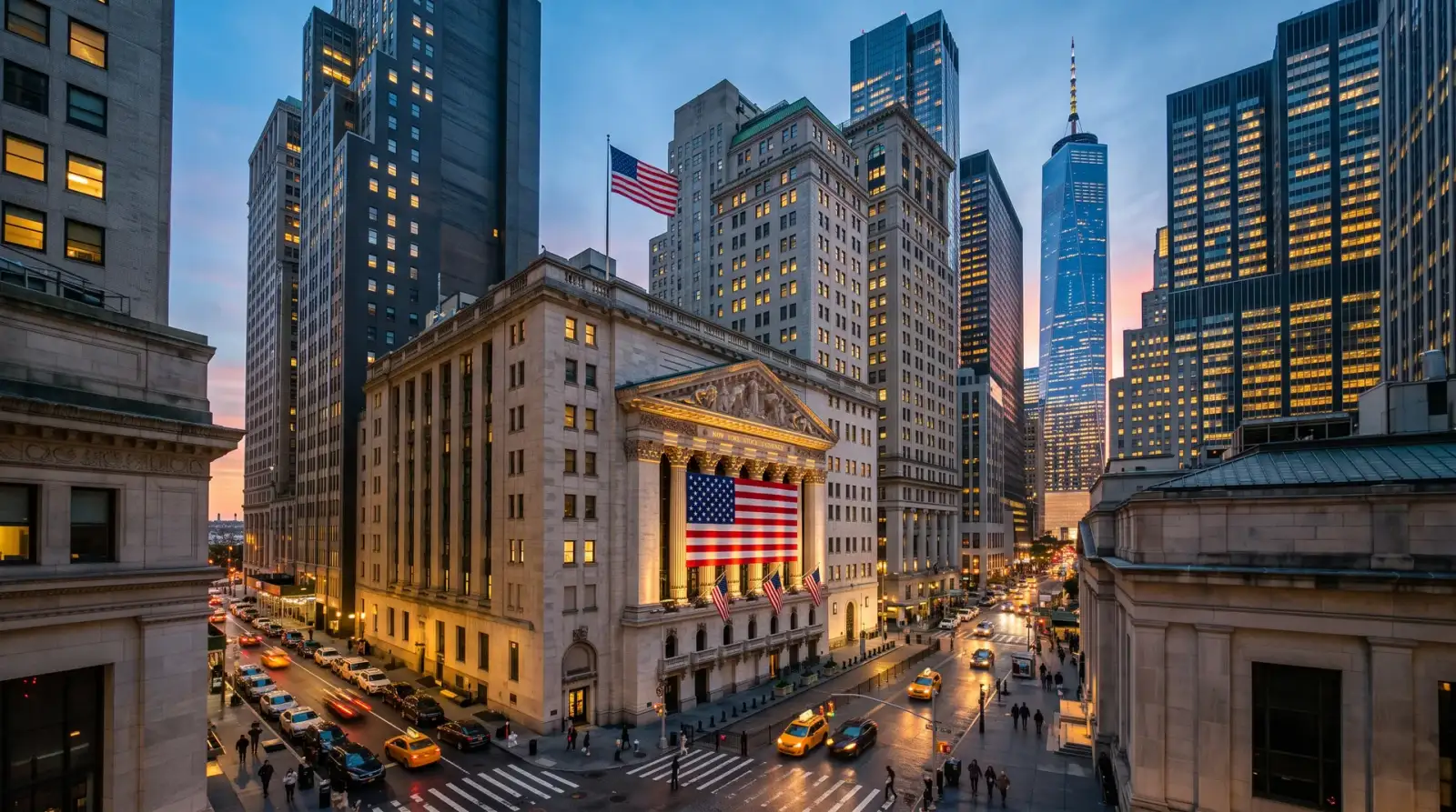 Ilustrasi skyline Wall Street New York, mewakili sesi dagangan saham korporat Amerika Syarikat 21 Ogos 2026