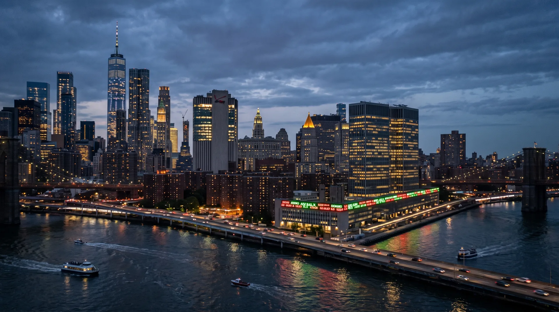 Ilustrasi skyline Wall Street New York dengan papan ticker saham, mewakili sesi dagangan korporat Amerika Syarikat 24 Ogos 2026