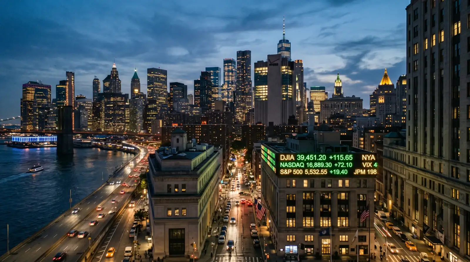 Ilustrasi skyline Wall Street New York dengan papan ticker saham, mewakili sesi dagangan korporat Amerika Syarikat 25 Ogos 2026