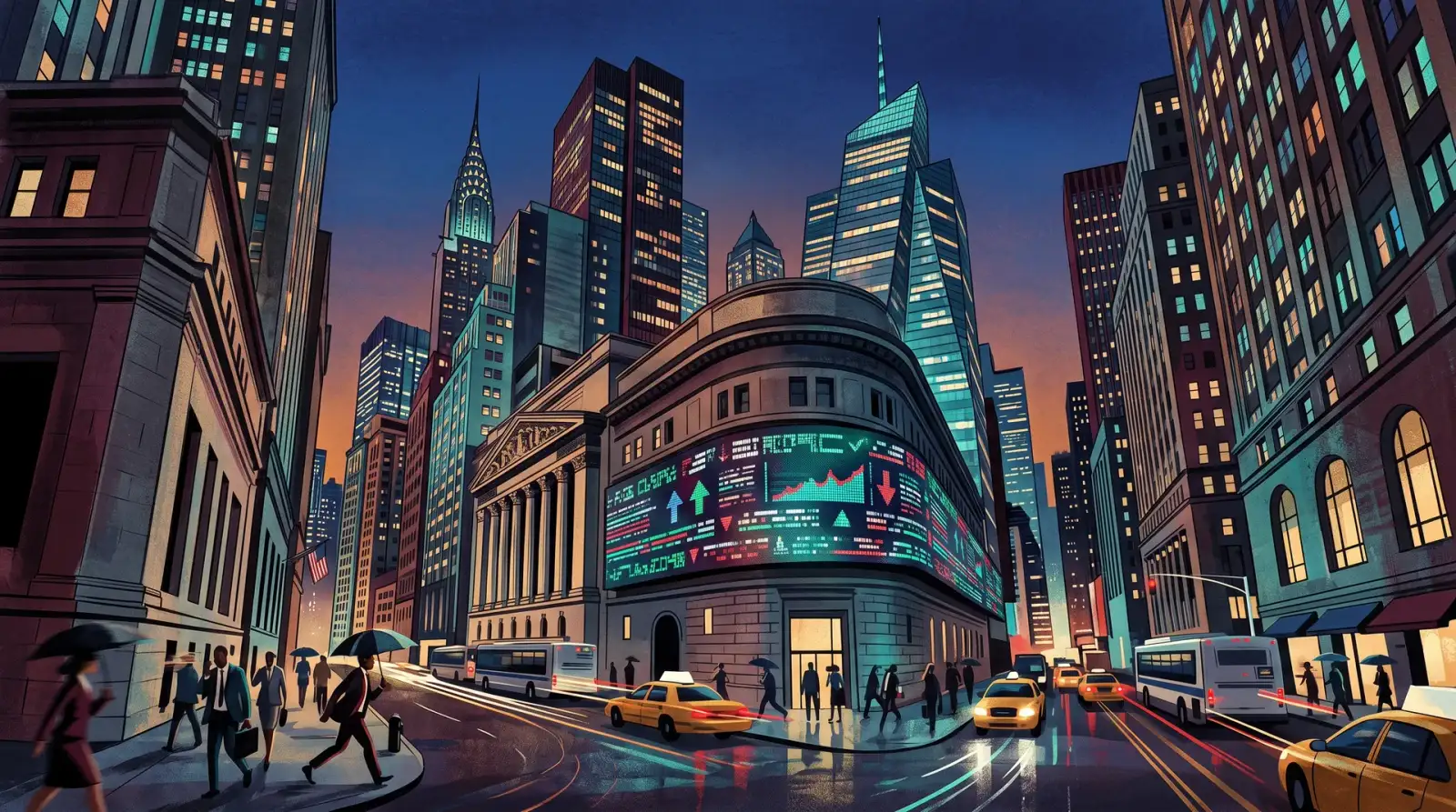 Ilustrasi skyline Wall Street New York dengan papan ticker saham, mewakili sesi dagangan korporat Amerika Syarikat 26 Ogos 2026