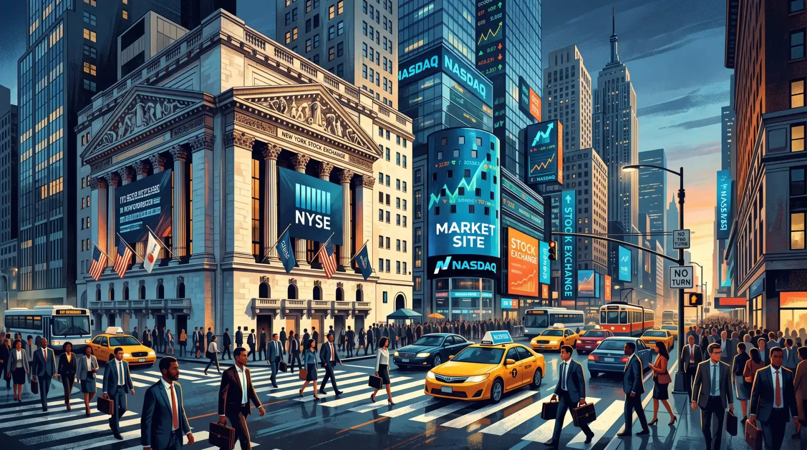 Ilustrasi papan tanda bursa saham New York Stock Exchange dan NASDAQ, mewakili pemindahan penyenaraian korporat