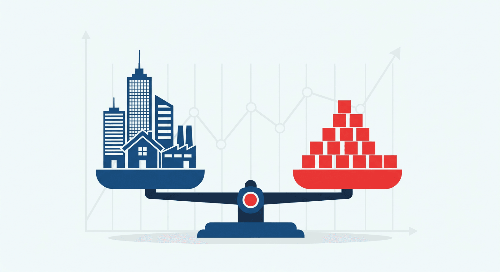 Illustration of a scale weighing a few large buildings against a pile of small red blocks - heavyweights holding up the index while most counters fall