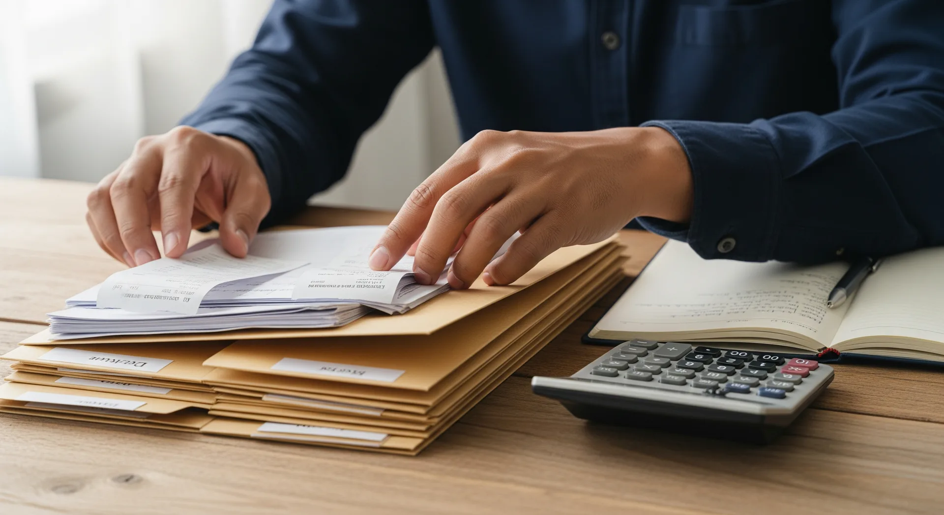 Tangan menyusun resit dan invois ke dalam folder berlabel di sebelah kalkulator, mewakili penyimpanan rekod cukai freelancer