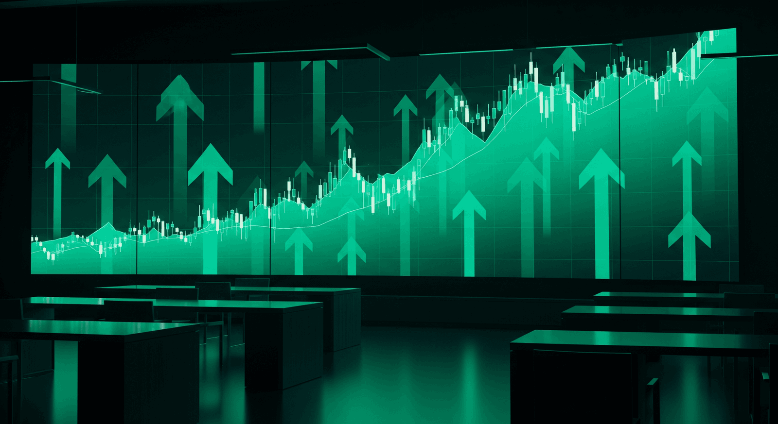 Skrin dagangan menunjukkan carta candlestick hijau menaik melambangkan rali pasaran saham Wall Street