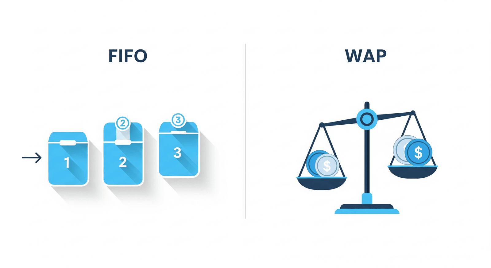 Infographic comparing the FIFO method (boxes following purchase lot order) with WAP or weighted average price (a scale balancing all purchase costs)