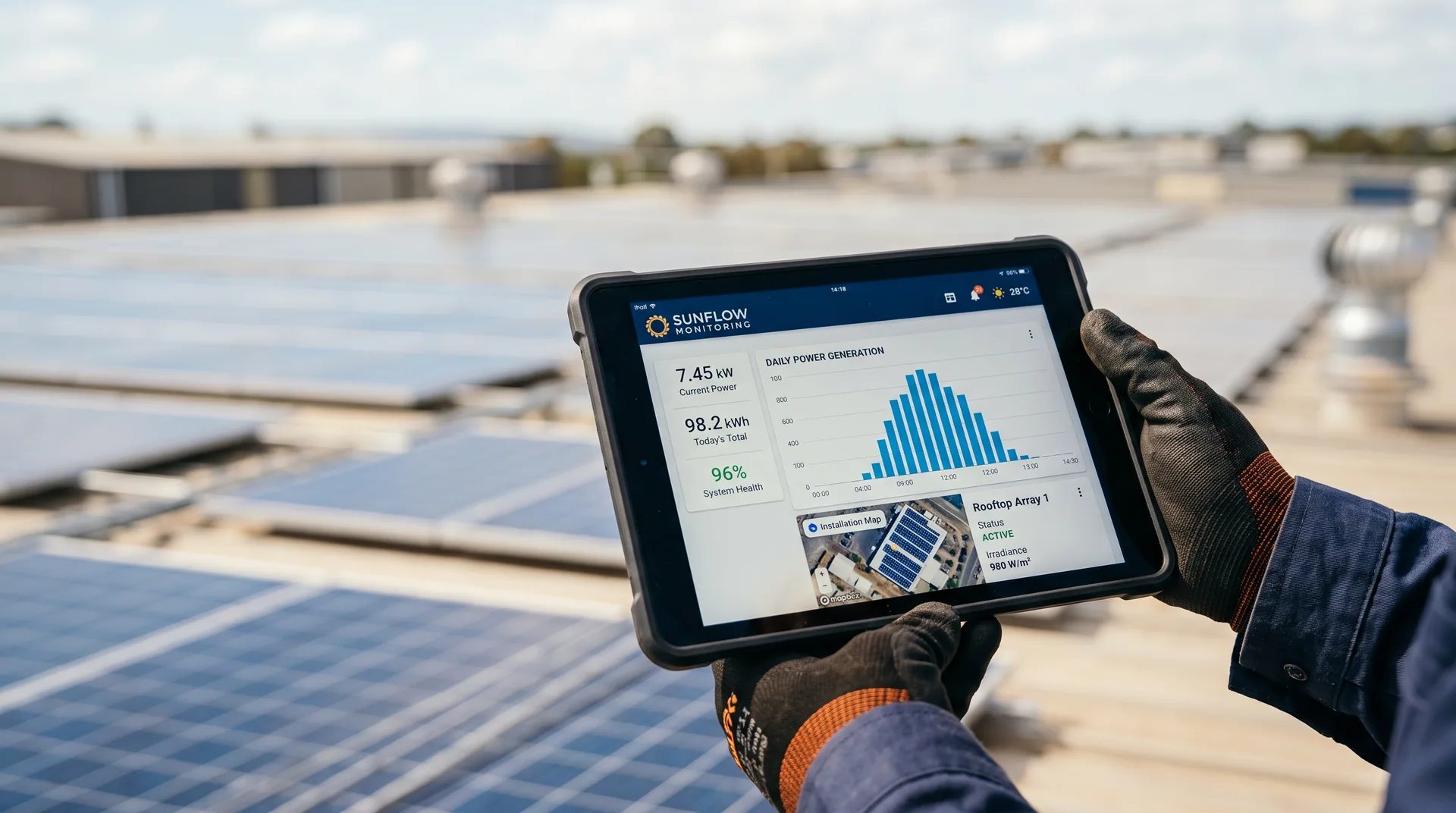 A technician checking a solar energy monitoring app on a tablet with rooftop solar panels in the background