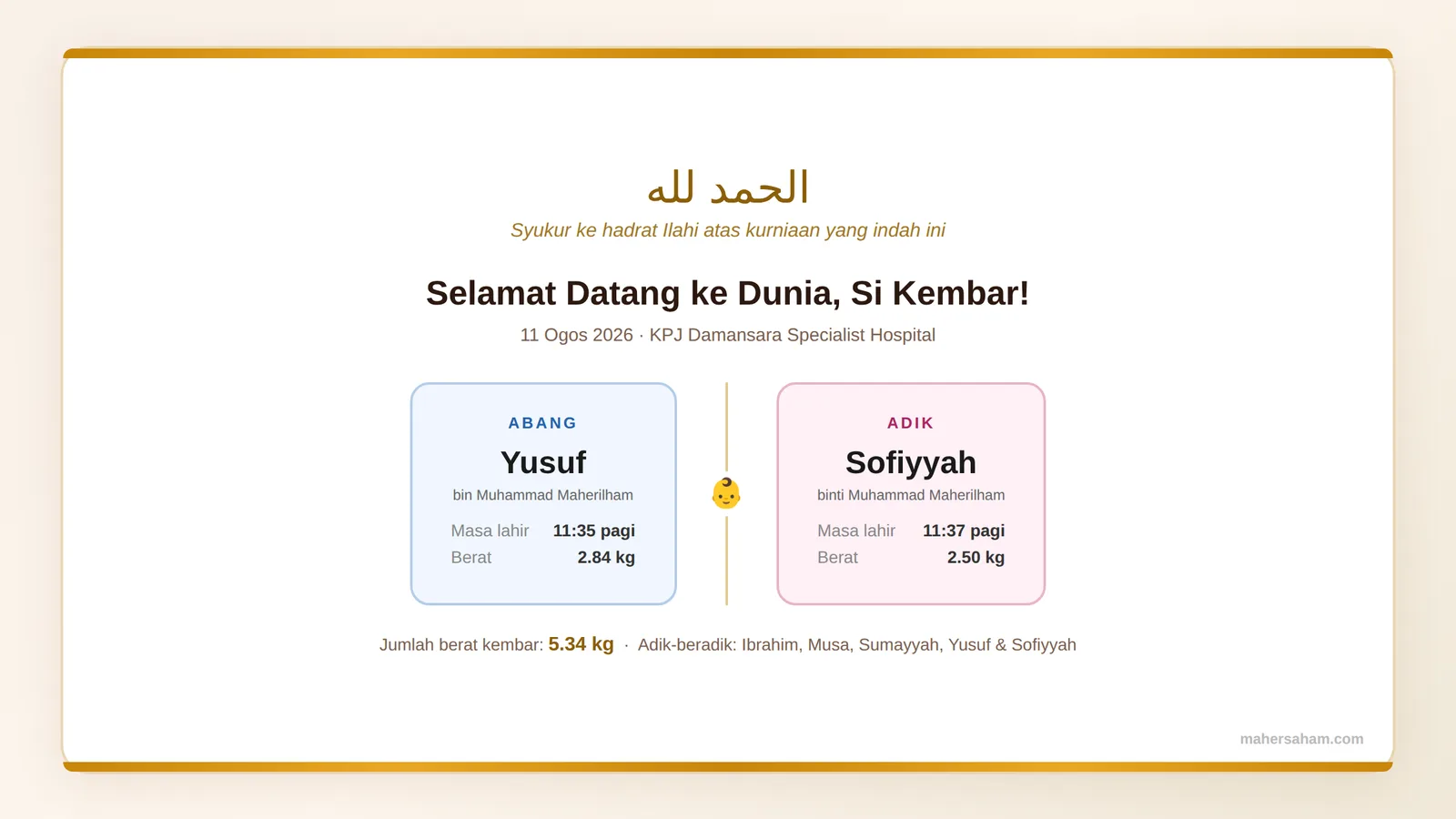 Infographic of twin birth announcement - Yusuf and Sofiyyah bin and bint Muhammad Maherilham, born 11 August 2026, birth weights and family details