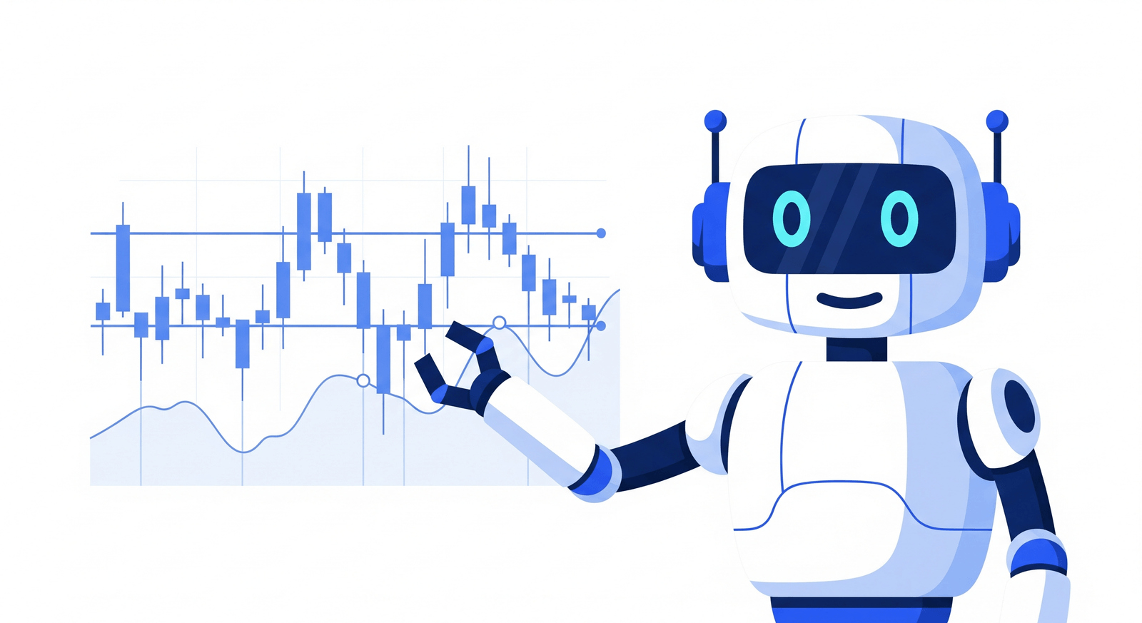 Illustration of an assistant bot analysing a stock chart with support and resistance lines
