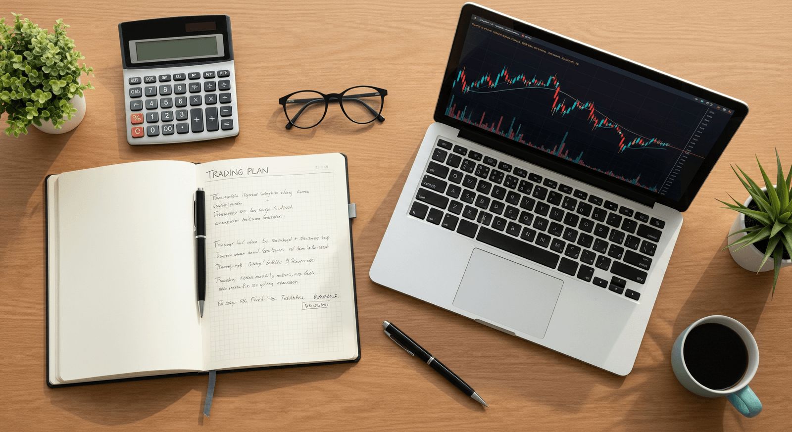 A desk with a trading plan notebook, a laptop showing a stock candlestick chart, a calculator and a cup of coffee