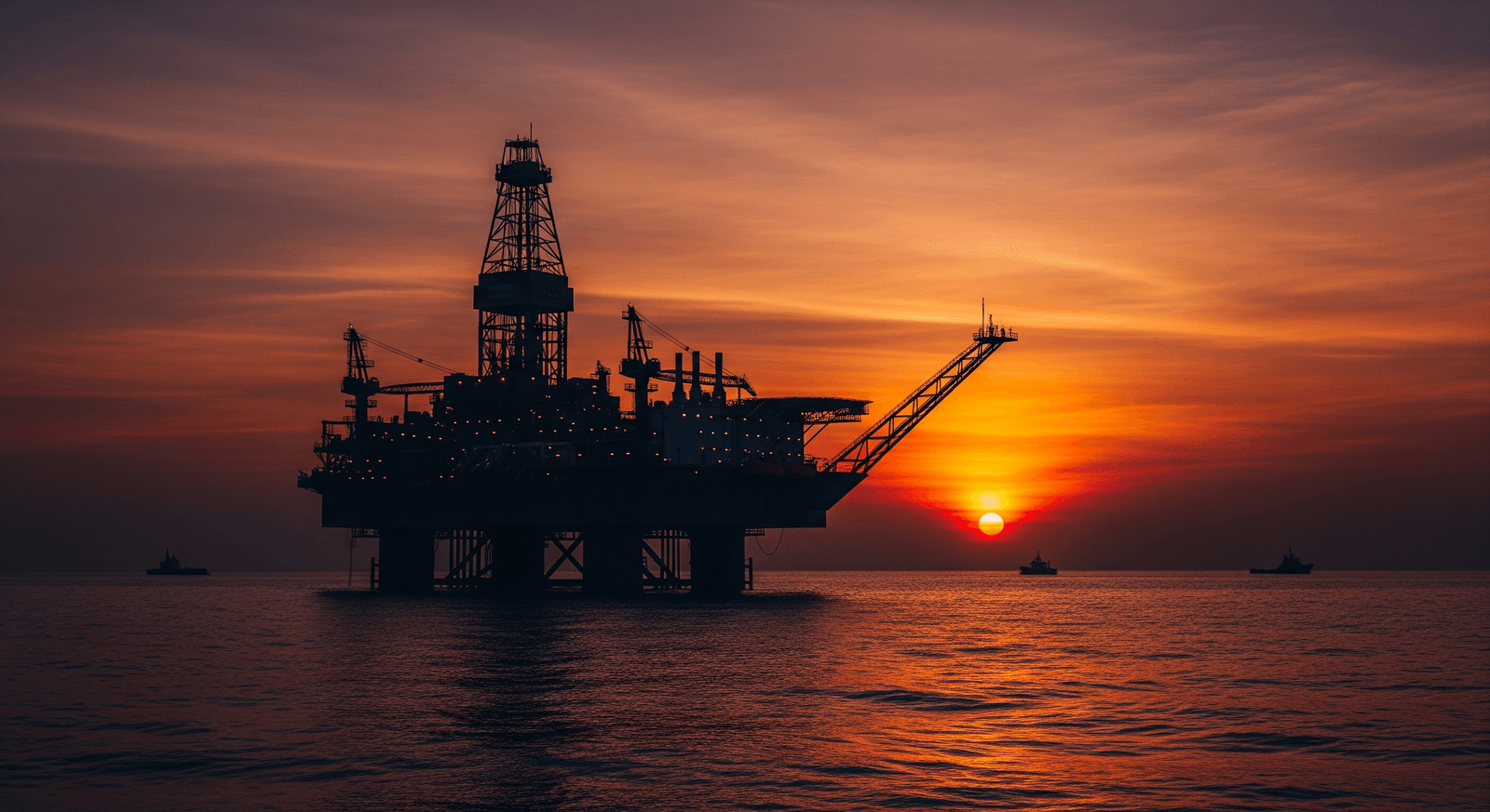 An offshore oil drilling platform silhouetted against a sunset over the sea, symbolising surging oil prices amid energy supply tensions