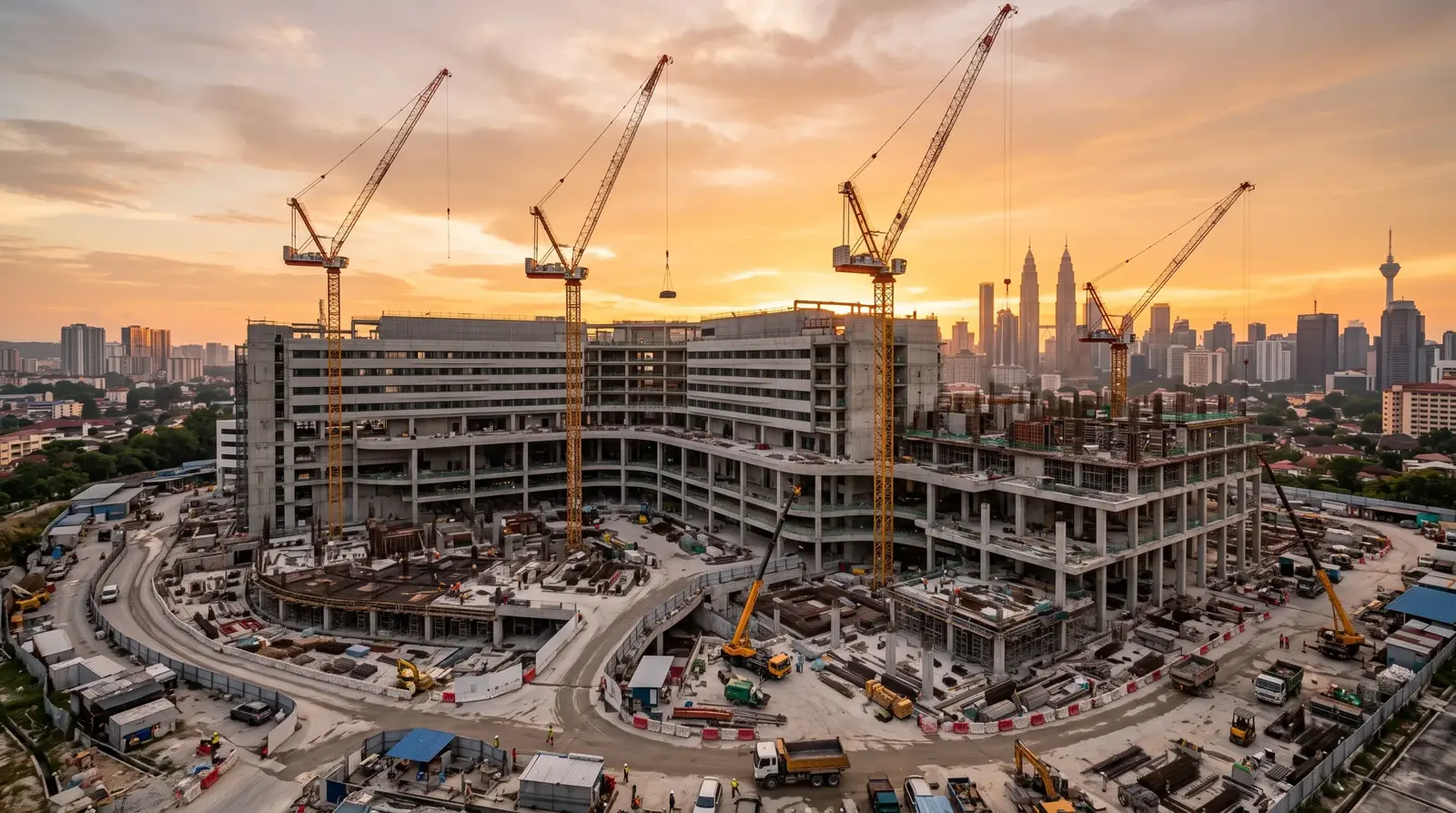 Hospital building construction site with tower cranes against the Kuala Lumpur city skyline