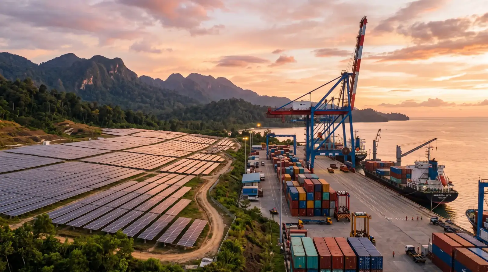 Loji solar dan kren pelabuhan di Borneo pada waktu senja
