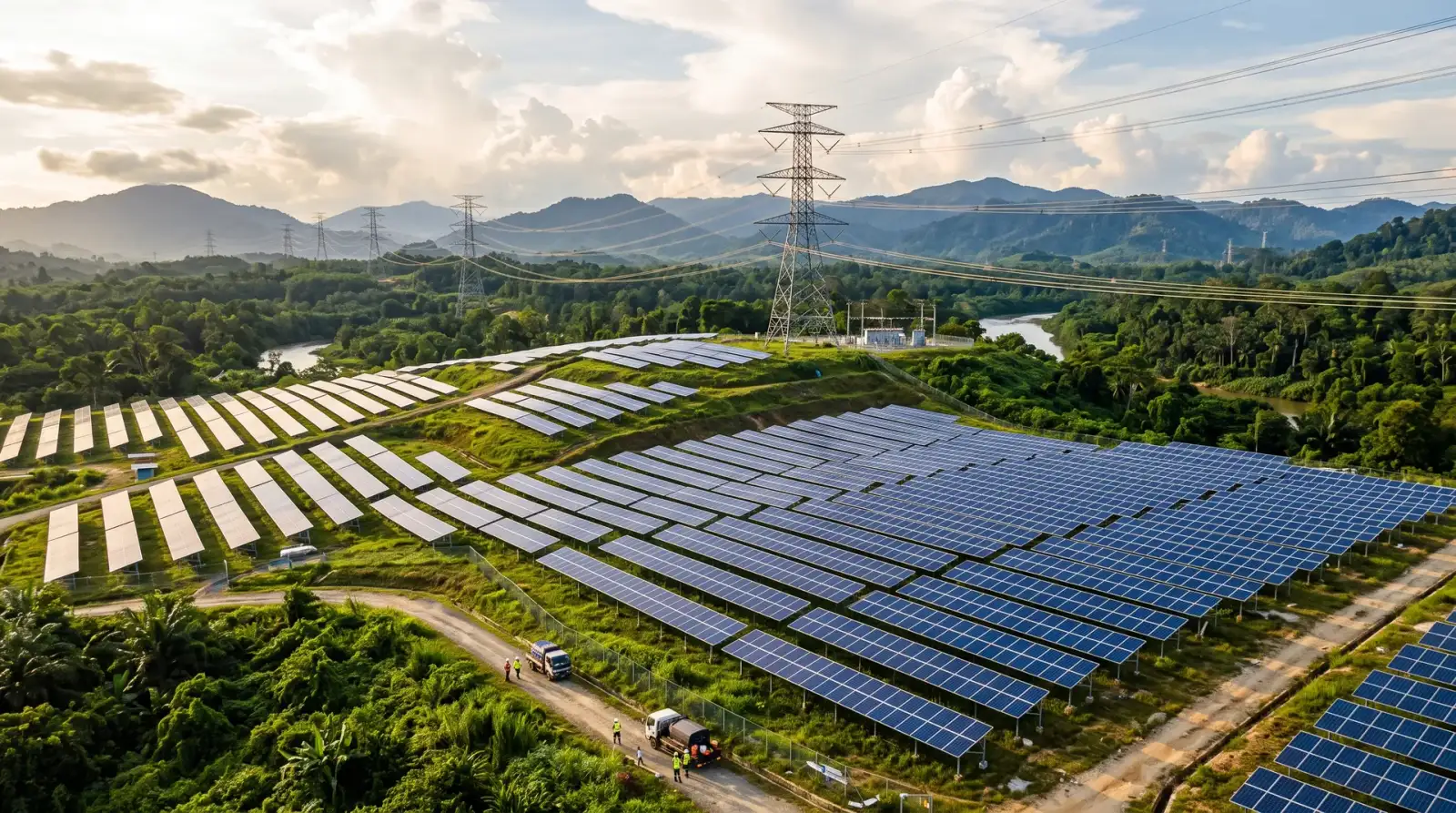 Ladang panel solar dan menara penghantaran elektrik di Malaysia