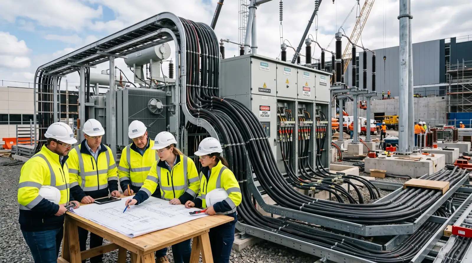 Infrastruktur kuasa pusat data - kabel voltan tinggi dan peralatan suis