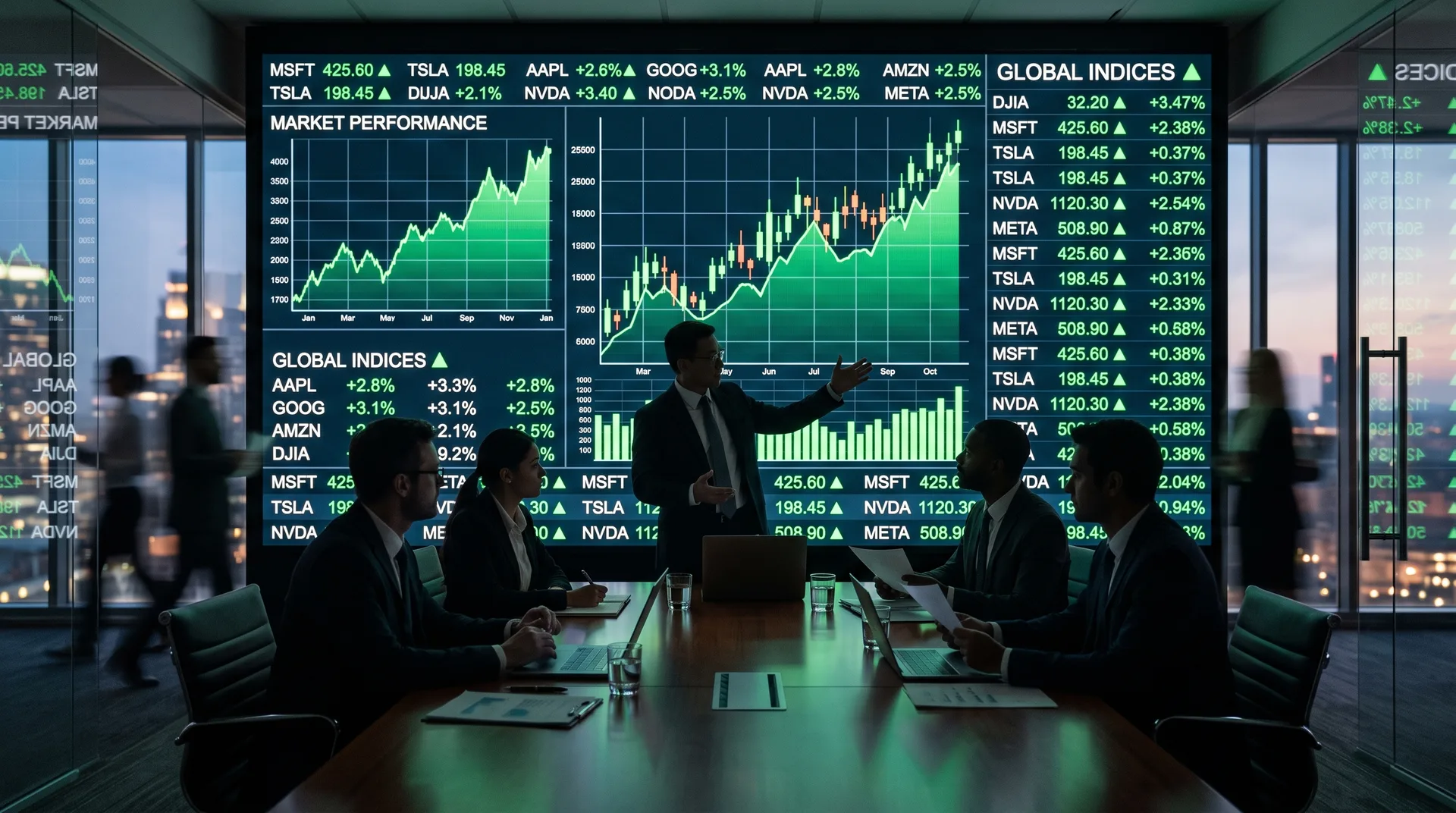 Papan tiker saham dengan carta kewangan dan bayang-bayang mesyuarat lembaga korporat, konsep Wall Street