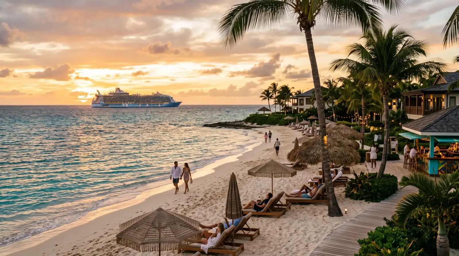 Resort pantai Caribbean dengan kapal pelayaran di ufuk, konsep pelaburan Royal Caribbean dan Sandals