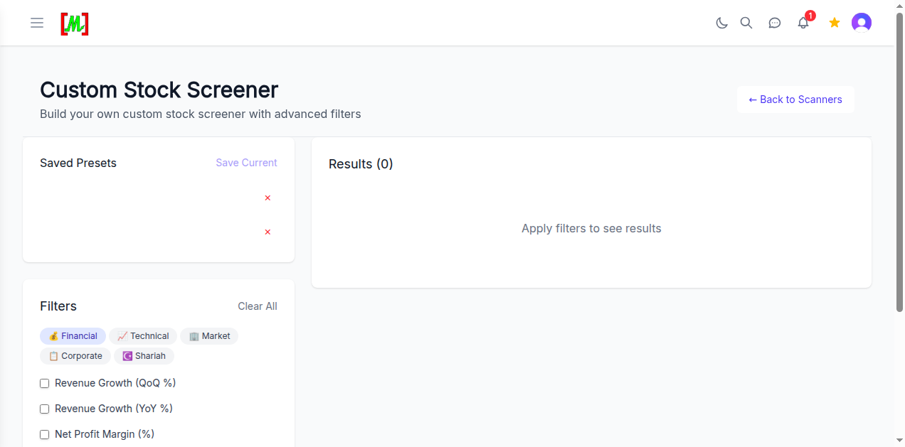 Paparan utama Custom Stock Screener mahersaham.com dengan panel Saved Presets, Results dan Filters