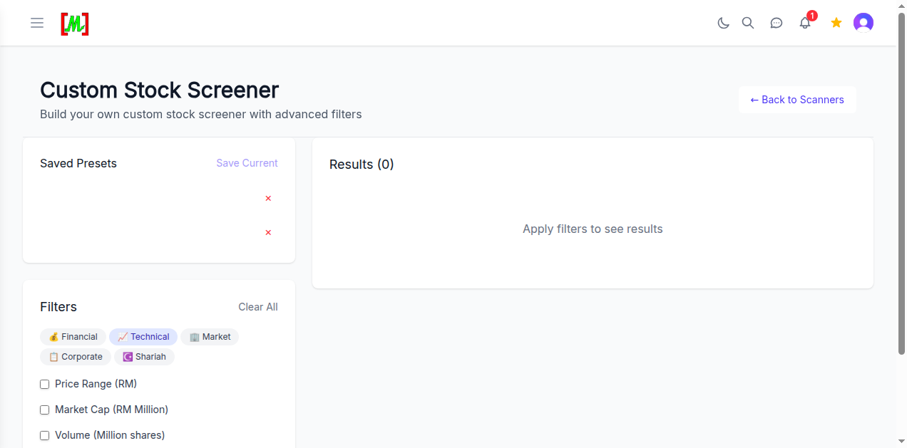 Tab Technical filters menunjukkan Price Range, Market Cap dan Volume