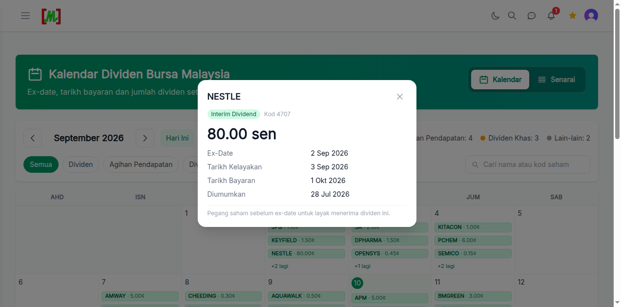 Popup detail dividen NESTLE menunjukkan 80.00 sen, Ex-Date 2 Sep 2026, Tarikh Bayaran 1 Okt 2026