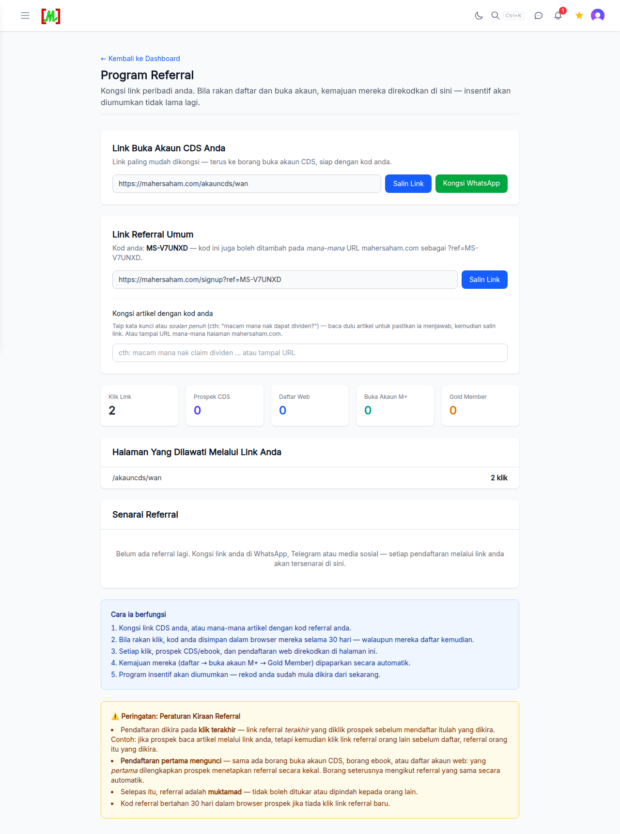 Mahersaham Referral Program page showing CDS link, general referral link, click statistics and referral list