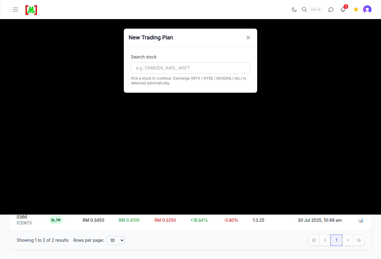 Modal New Trading Plan dengan ruangan carian saham yang menyokong bursa Malaysia, NYSE, dan NASDAQ