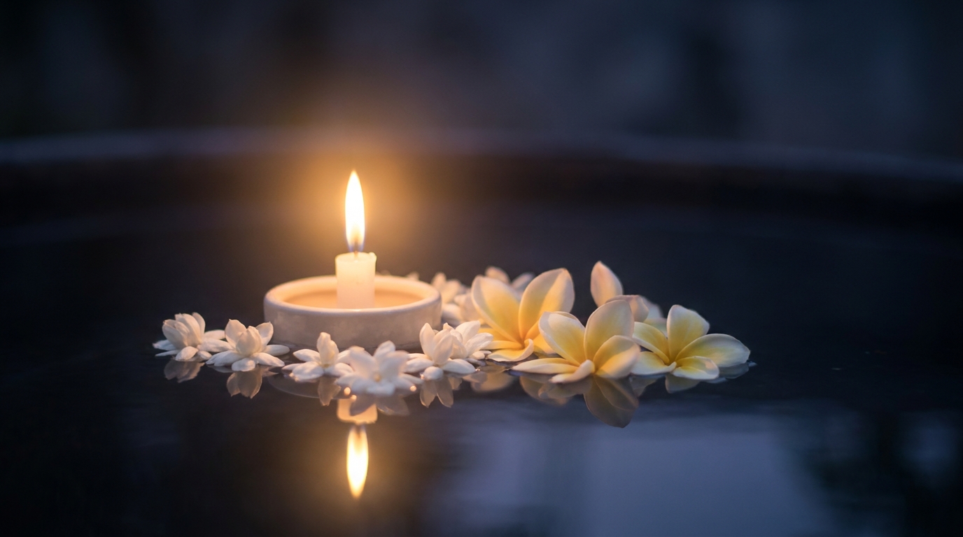 A white lit candle with white jasmine and frangipani flowers as a mark of respect and condolence