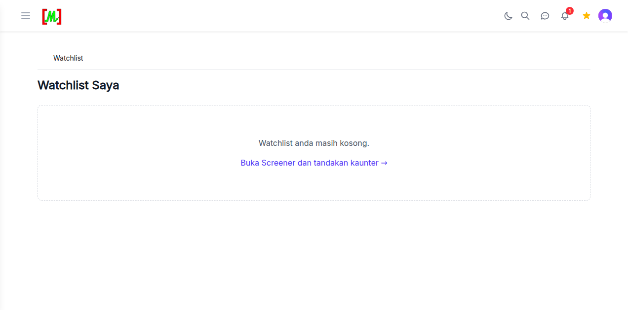 Empty Watchlist view with message and link to Screener