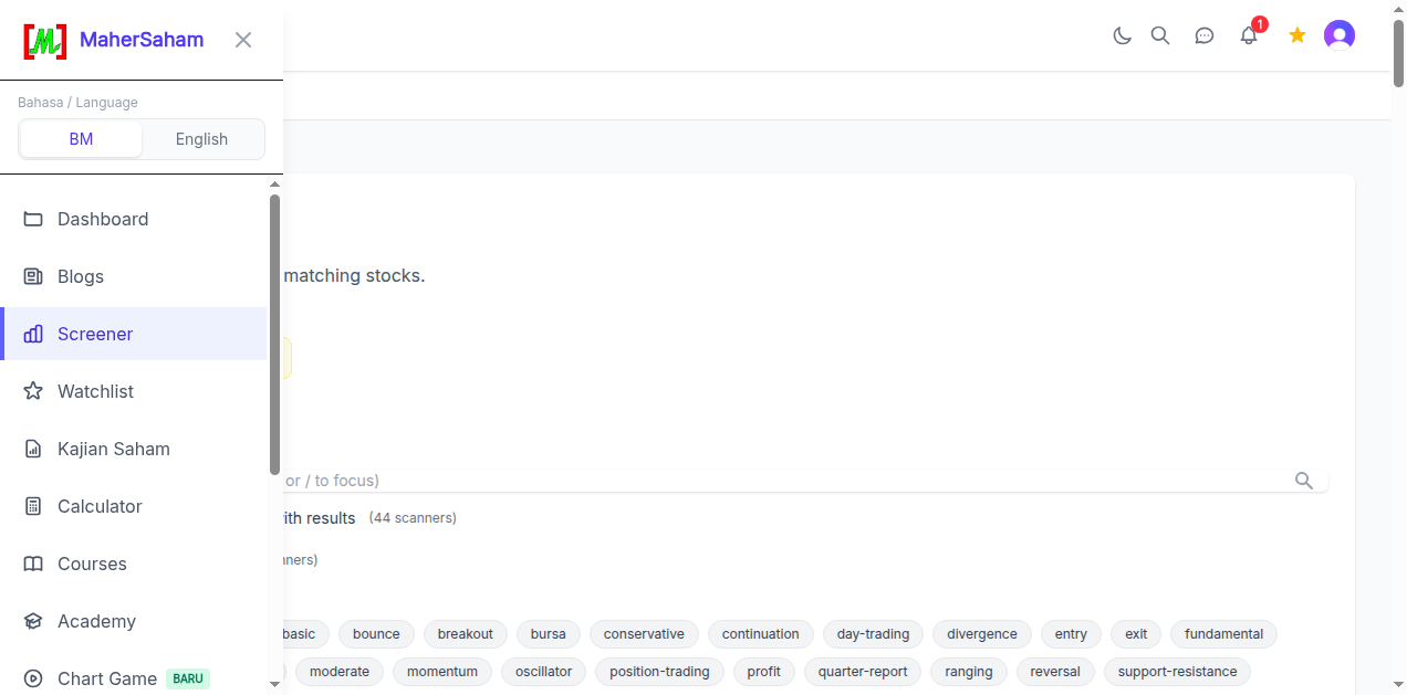 Sidebar menu on mahersaham.com showing Watchlist location below Screener