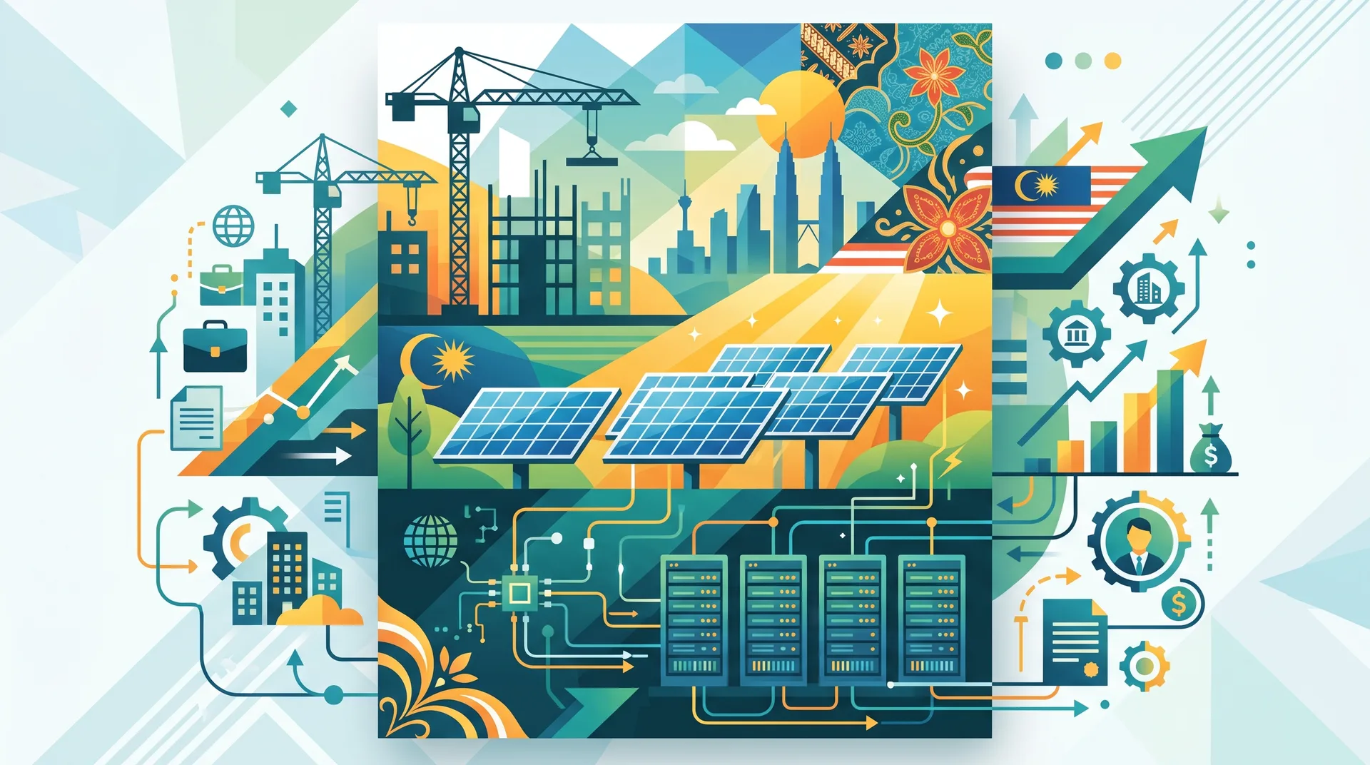 Ilustrasi kren pembinaan, panel solar dan pusat data dalam berita korporat Bursa Malaysia 1 Oktober 2026