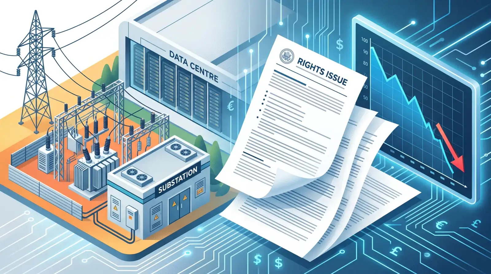 Ilustrasi pencawang pusat data, dokumen terbitan hak dan carta harga saham jatuh dalam berita korporat Bursa Malaysia 13 Oktober 2026