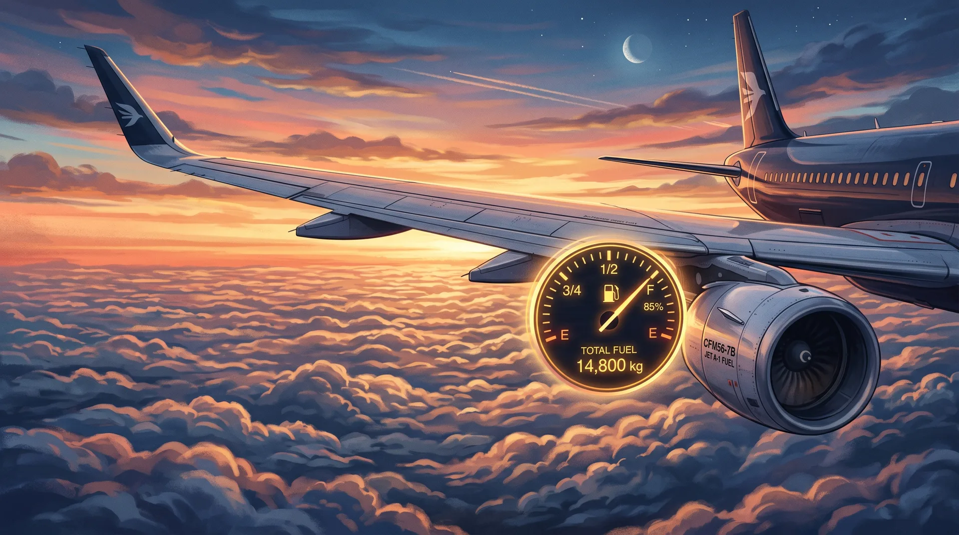 Ilustrasi sayap kapal terbang komersial di atas awan semasa matahari terbenam, berita saham US 12 Oktober 2026