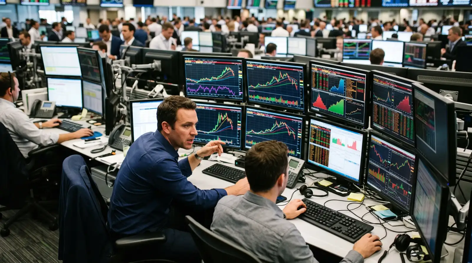Lantai dagangan bank dengan banyak skrin carta naik dan turun, berita saham US 14 Oktober 2026
