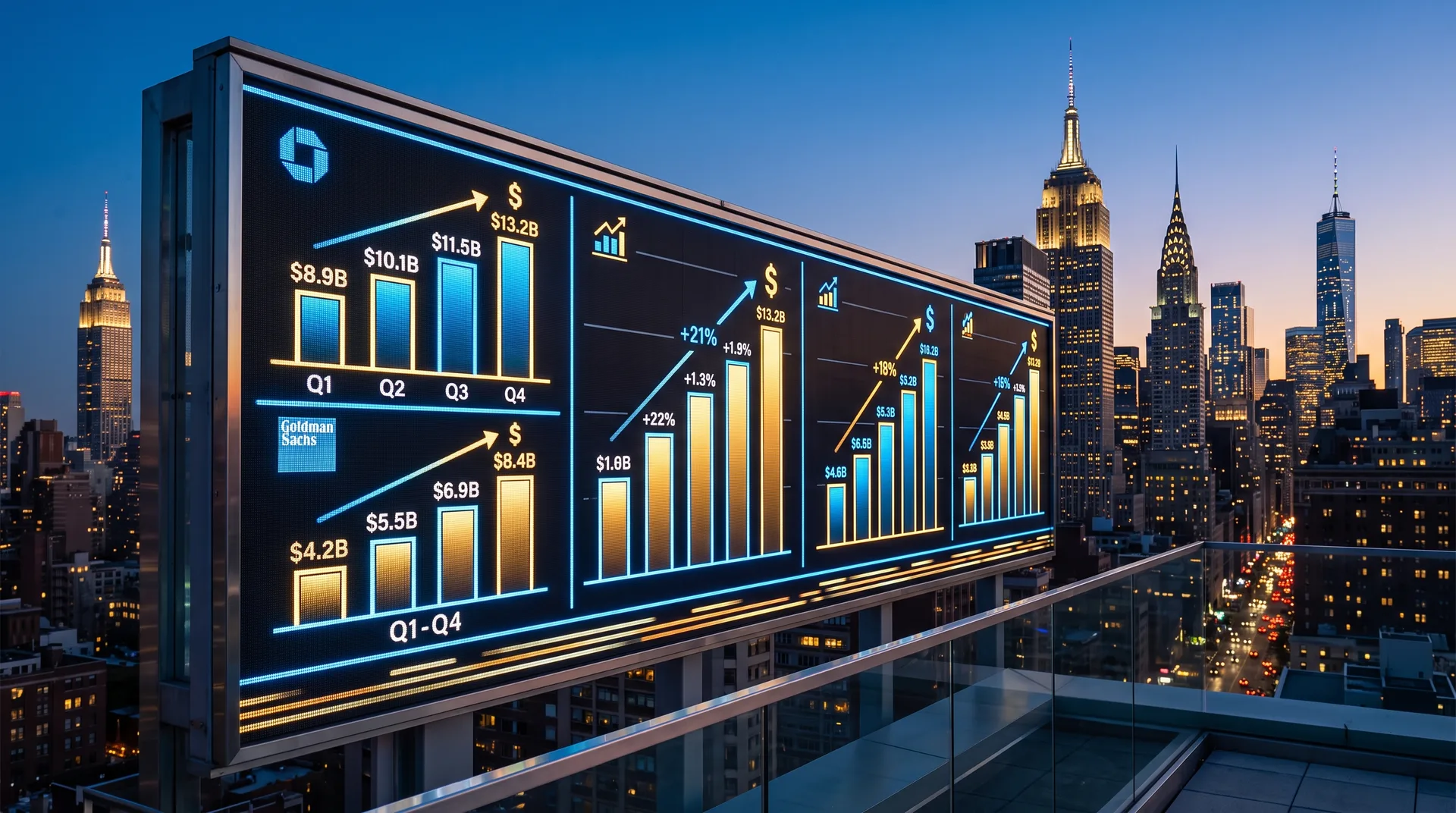 Papan ticker digital dengan carta keputusan suku ketiga broker dan bank, latar Manhattan, berita saham US 16 Oktober 2026
