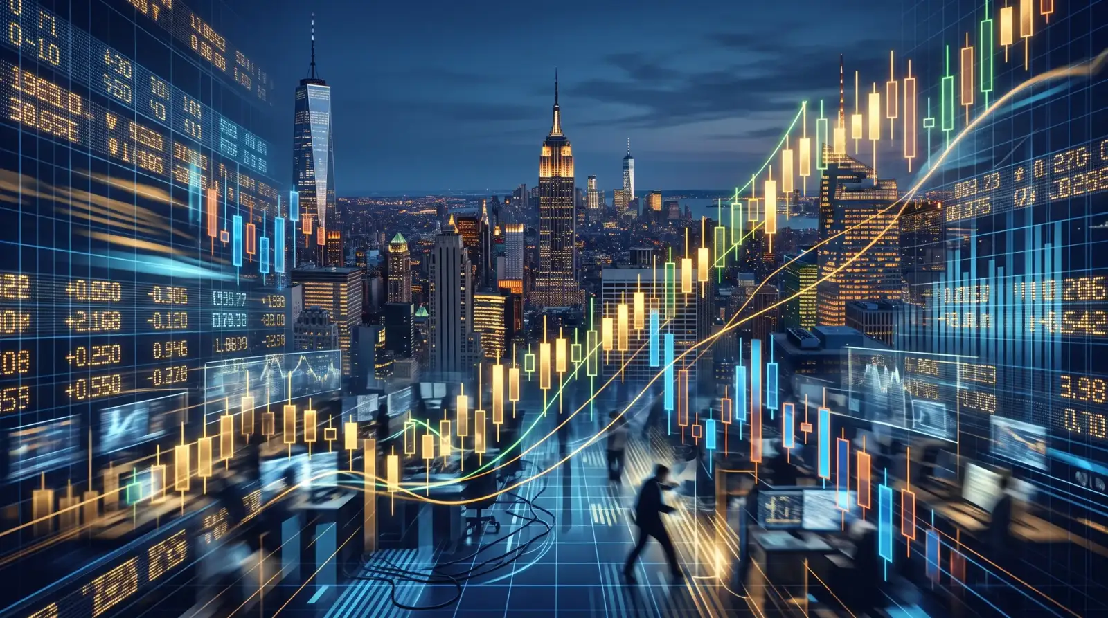 Ilustrasi Wall Street, papan ticker dan skyline New York, tema berita saham US 1 Oktober 2026