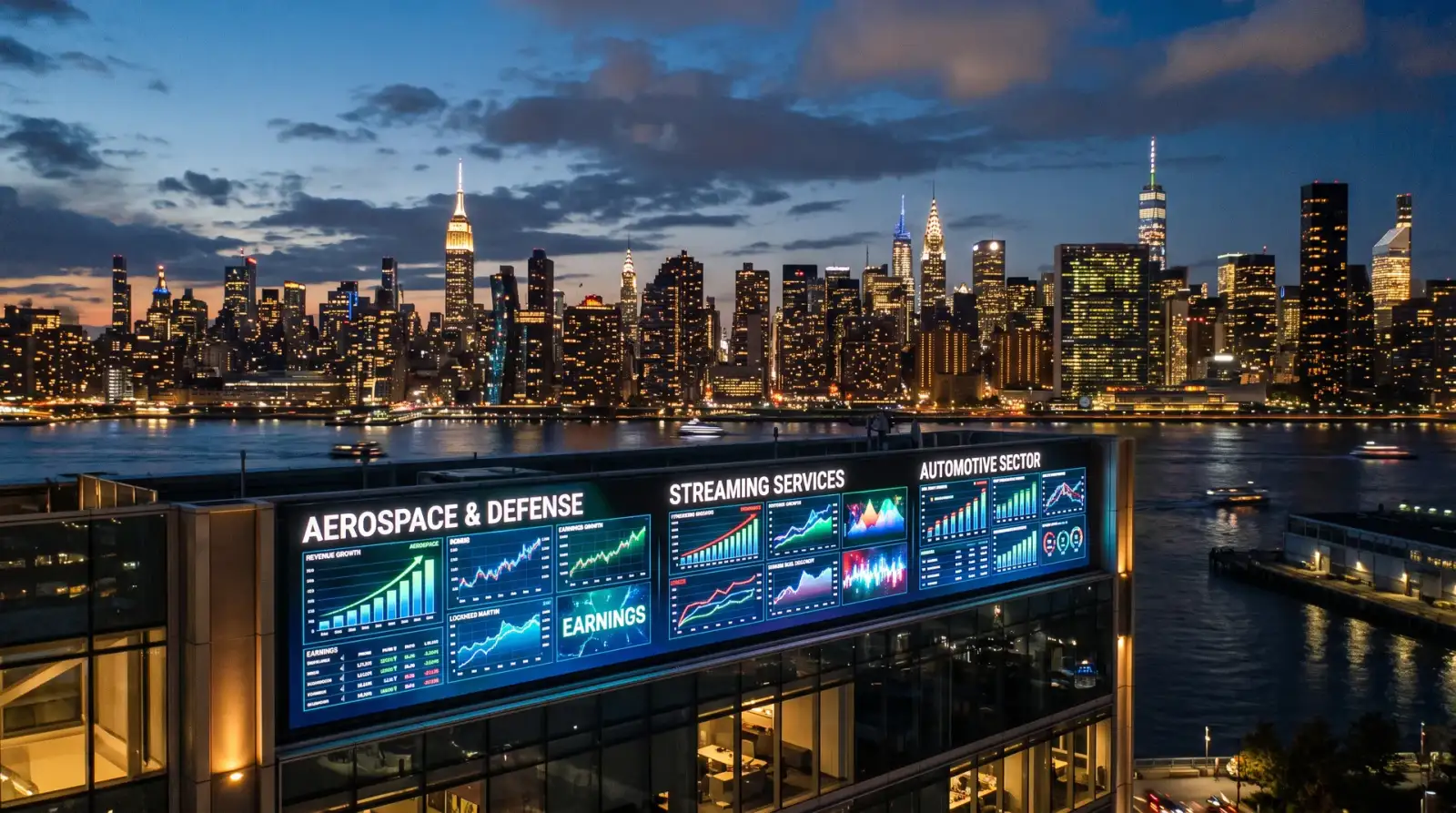 Papan ticker digital dengan carta keputusan suku ketiga syarikat penerbangan, kereta dan penstriman, latar Manhattan, berita saham US 21 Oktober 2026