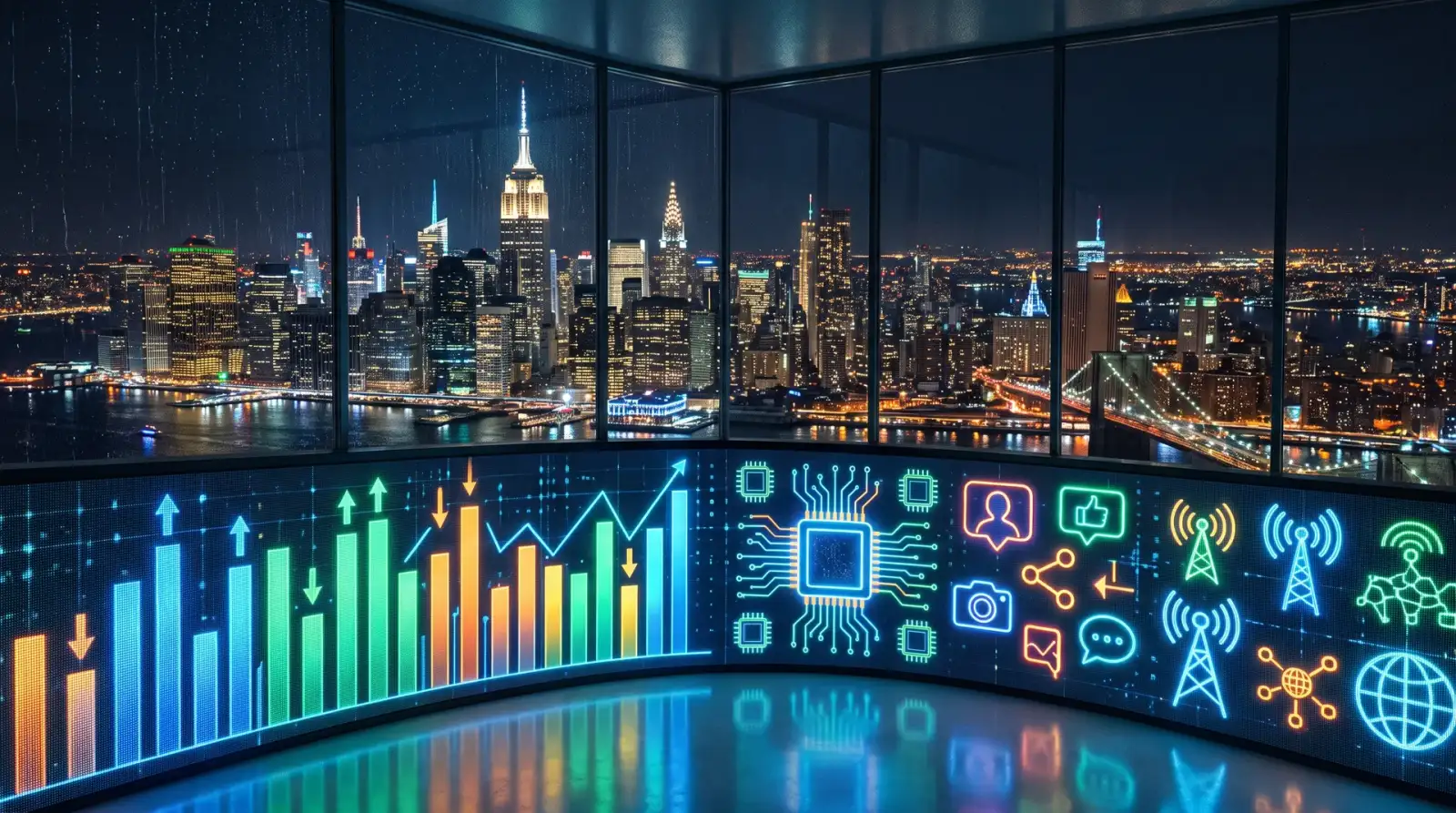 Papan ticker digital dengan carta keputusan suku ketiga semikonduktor, media sosial dan telekomunikasi, latar Manhattan, berita saham US 22 Oktober 2026