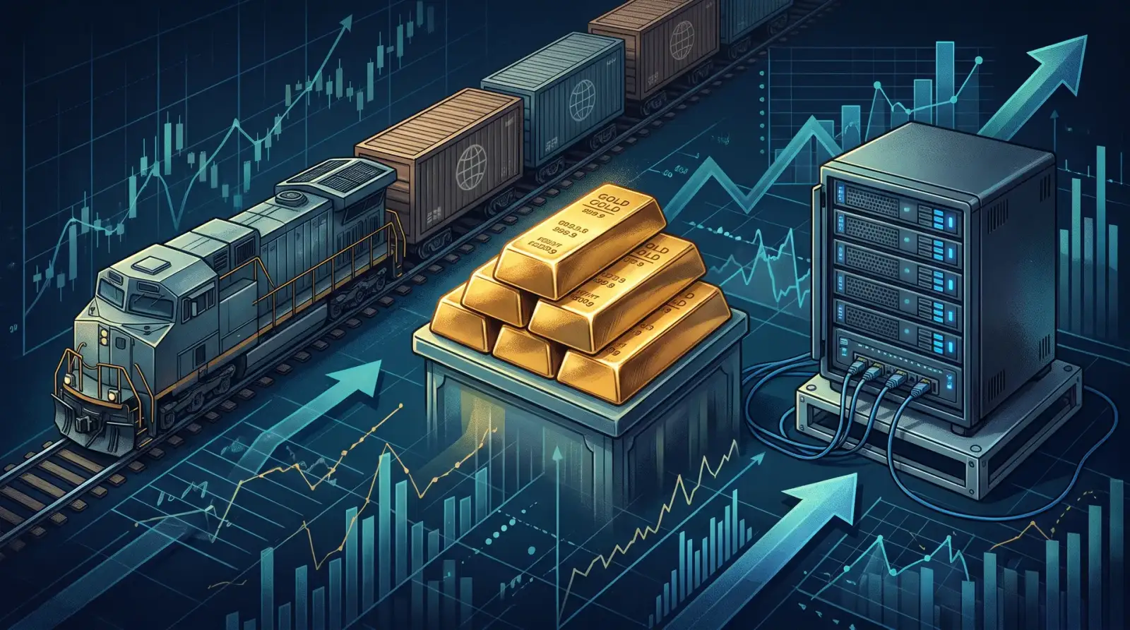 Ilustrasi kereta api, jongkong emas dan cakera keras di atas carta kewangan biru, berita saham US 23 Oktober 2026