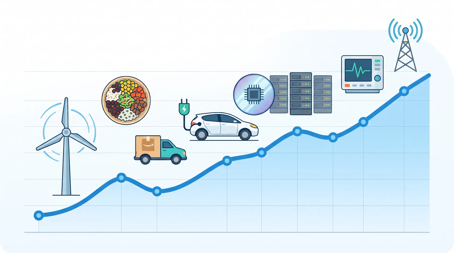 Ilustrasi pelayan awan, kereta elektrik, mangkuk burrito, turbin kuasa, peranti perubatan dan menara telefon di atas carta kewangan biru, berita saham US 29 Oktober 2026