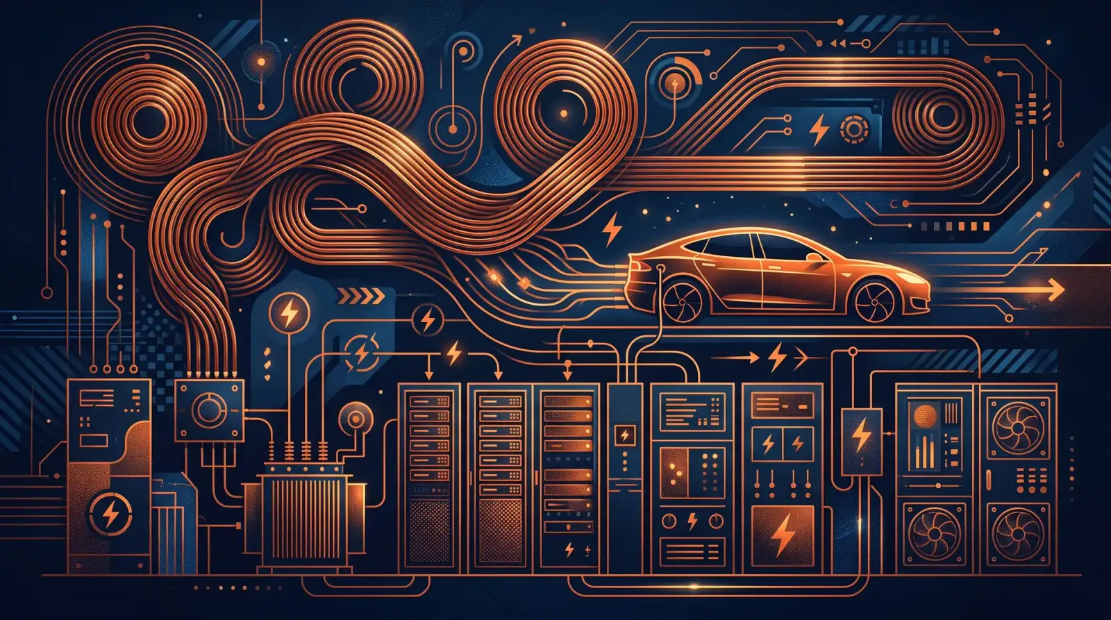 Ilustrasi kuprum, kenderaan elektrik dan peralatan kuasa pusat data, tema berita saham US 2 Oktober 2026