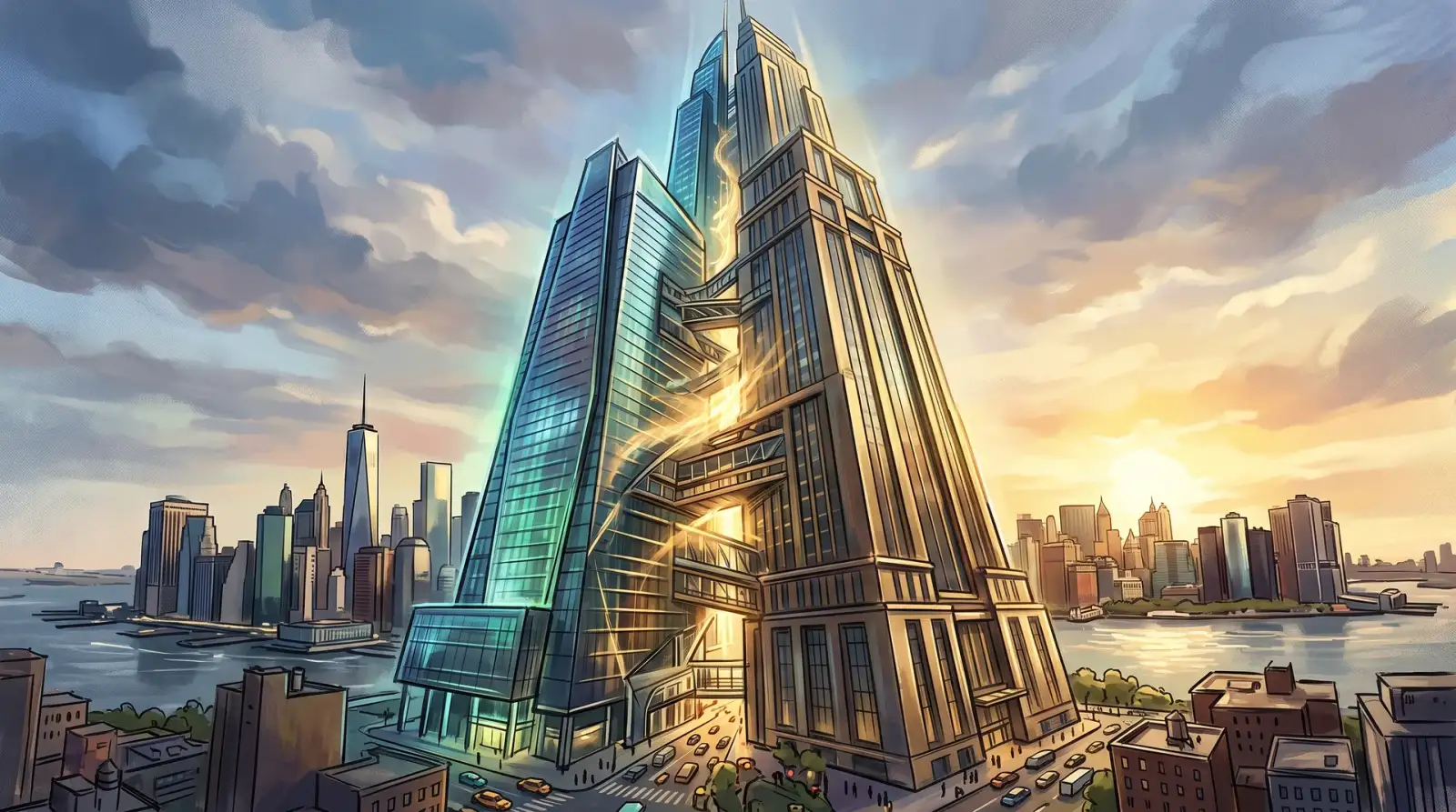 Ilustrasi penggabungan syarikat gergasi di Manhattan, berita saham US 7 Oktober 2026