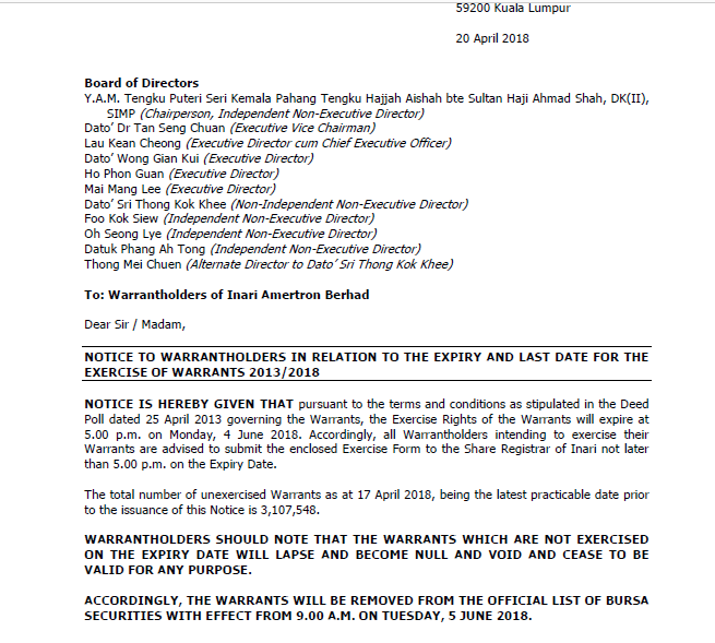 Inari Amertron Berhad warrant expiry notice to warrantholders