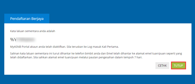 Temporary password screen for first-time login