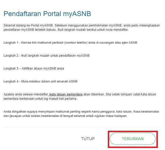 ASB registration pop-up screen