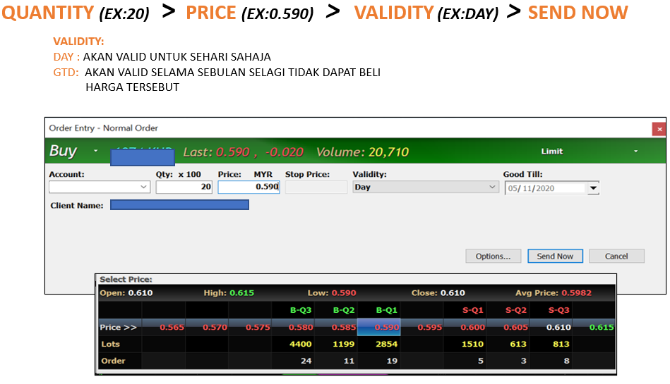 Order form showing quantity, price and validity fields on MPLUS