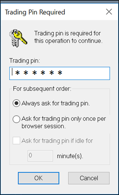 Trading pin confirmation dialog on MPLUS