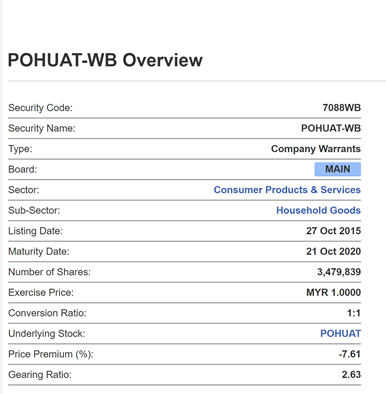 Pohuat-WB warrant overview showing exercise price and maturity date