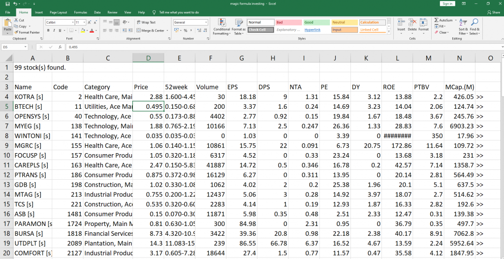 Magic Formula Investing Excel Setup